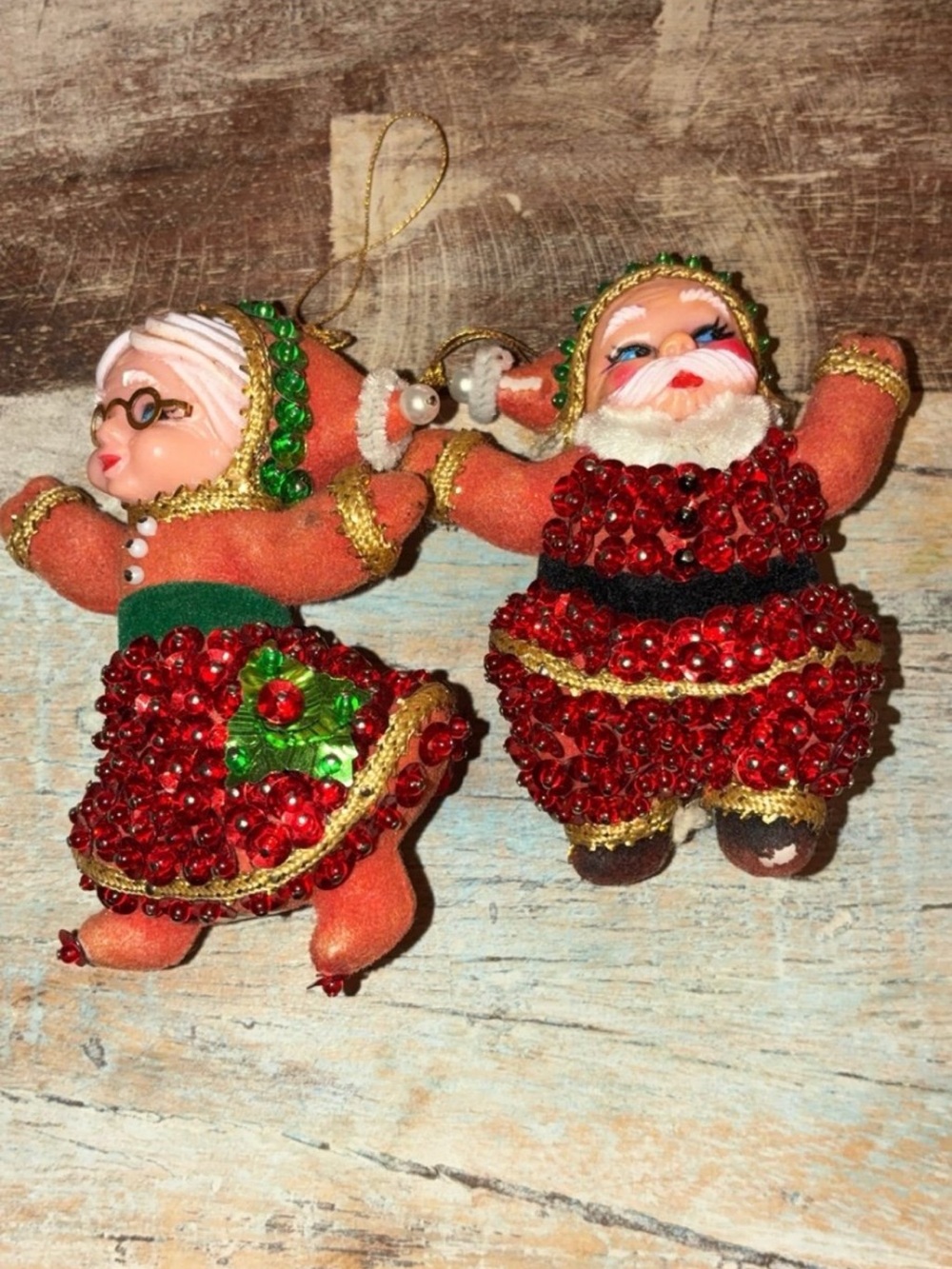 Vintage Sequin Flocked Santa and Mrs. Claus Christmas Ornaments Beaded Ornaments